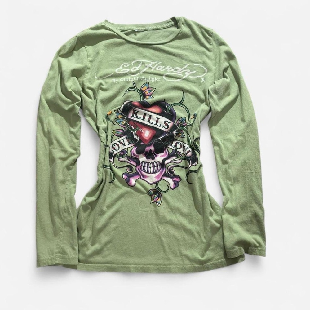Ed Hardy Light Green Long-Sleeve Graphic Tee with 'Love Kills' Skull